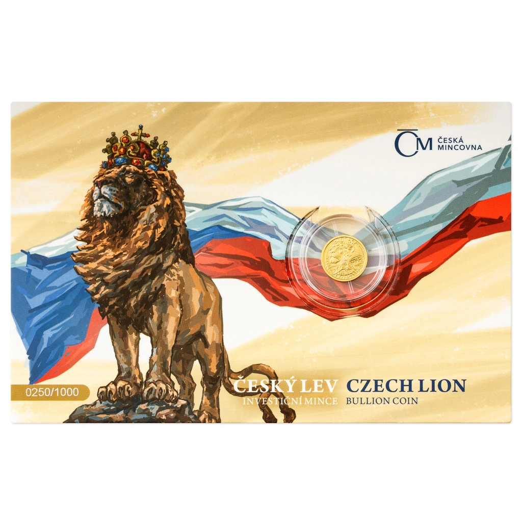 Zlatá 1/25oz investiční mince Český lev 2025 stand číslováno | 1,24 g