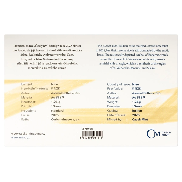 Zlatá 1/25oz investiční mince Český lev 2025 stand číslováno | 1,24 g